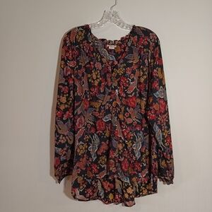 Lola P. Long Sleeve Blouse.Desert Bird Printed floral design Size L